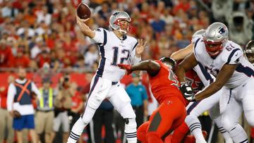 TAMPA, FL - OCTOBER 5: Quarterback Tom Brady #12 of the New England Patriots throws to an open receiver during the first quarter of an NFL football game against the Tampa Bay Buccaneers on October 5, 2017 at Raymond James Stadium in Tampa, Florida.   Brian Blanco/Getty Images/AFP
 == FOR NEWSPAPERS, INTERNET, TELCOS &amp; TELEVISION USE ONLY ==