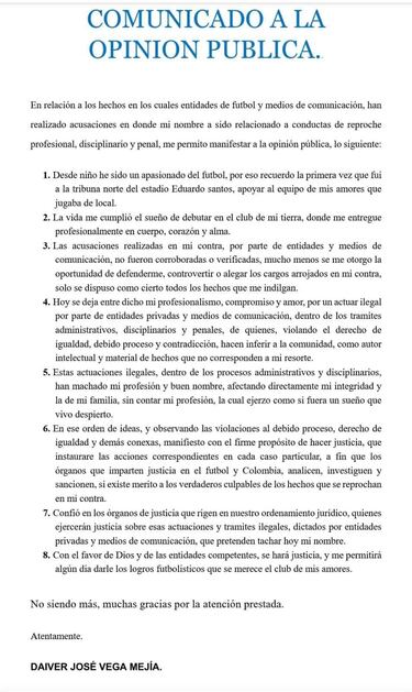 Daiver Vega se defiende por presuntas apuestas en el FPC