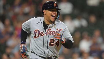 CHICAGO, ILLINOIS - SEPTEMBER 01: Miguel Cabrera #24 of the Detroit Tigers reacts after hitting a single, the 3,154 hit of his career, during the eighth inning against the Chicago White Sox at Guaranteed Rate Field on September 01, 2023 in Chicago, Illinois. Michael Reaves/Getty Images/AFP (Photo by Michael Reaves / GETTY IMAGES NORTH AMERICA / Getty Images via AFP)