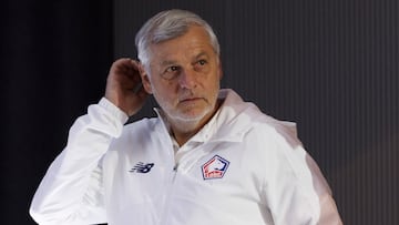 MADRID, 22/10/2024.- El entrenador del Lille OSC, Bruno Genesio, durante la rueda de prensa celebrada este martes, previa al partido de Liga de Campeones ante el Atlético de Madrid, en el estadio Riyadh Air Metropolitano de Madrid. EFE/ Sergio Pérez