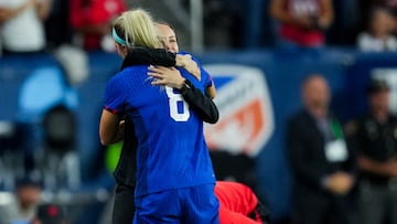 Sep 21, 2023; Cincinnati, Ohio, USA;  United States midfielder Julie Ertz (8) hugs interim head coach Twila Kilgore after leaving the field during the match against South Africa in the first half at TQL Stadium. Mandatory Credit: Aaron Doster-USA TODAY Sports