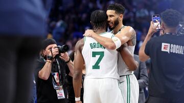 Jun 12, 2024; Dallas, Texas, USA; Boston Celtics guard Jaylen Brown (7) and forward Jayson Tatum (0) celebrate after their win against the Dallas Mavericks in game three of the 2024 NBA Finals at American Airlines Center. Mandatory Credit: Kevin Jairaj-USA TODAY Sports
