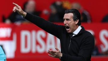 Aston Villa's Spanish head coach Unai Emery gestures on the touchline during the English Premier League football match between Manchester United and Aston Villa at Old Trafford in Manchester, north west England, on May 25, 2025. (Photo by Darren Staples / AFP) / RESTRICTED TO EDITORIAL USE. No use with unauthorized audio, video, data, fixture lists, club/league logos or 'live' services. Online in-match use limited to 120 images. An additional 40 images may be used in extra time. No video emulation. Social media in-match use limited to 120 images. An additional 40 images may be used in extra time. No use in betting publications, games or single club/league/player publications. /