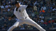 NEW YORK, NY - SEPTEMBER 05: Dellin Betances #68 of the New York Yankees delivers a pitch against the Toronto Blue Jays during the ninth inning of a game at Yankee Stadium on September 5, 2016 in the Bronx borough of New York City. The Yankees defeated the Blue Jays 5-3.   Rich Schultz/Getty Images/AFP
 == FOR NEWSPAPERS, INTERNET, TELCOS &amp; TELEVISION USE ONLY ==