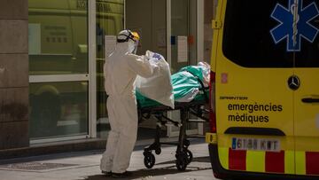 Un sanitario protegido con un traje transporta a una persona contagiada con coronavirus en una camilla antes de entrar en una ambulancia en el Centro de Emergencias de Atención Primaria Pere Camps en el Raval, durante el traslado de personas de colectivos vulnerables desde este centro a hoteles medicalizados o al Hospital del Mar, en Barcelona/Catalunya (España) a 6 de abril de 2020.
06 ABRIL 2020 COVID-19;CORONAVIRUS;PANDEMIA;ENFERMEDAD
David Zorrakino / Europa Press
06/04/2020