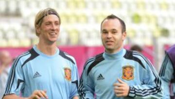 Fernando Torres, Andrés Iniesta y Sergio Ramos, durante un entrenamiento de la Roja.
