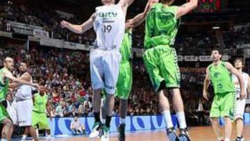 <b>FESTIVAL ANOTADOR. </b>Freeland y Tomàs luchan por un rebote.