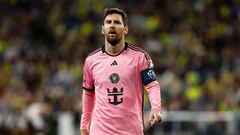 NASHVILLE, TENNESSEE - MARCH 07: Lionel Messi #10 of Inter Miami CF reacts against Nashville SC during the second half of the Concacaf Champions Cup Leg One Round of 16 match at GEODIS Park on March 07, 2024 in Nashville, Tennessee.   Johnnie Izquierdo/Getty Images/AFP (Photo by Johnnie Izquierdo / GETTY IMAGES NORTH AMERICA / Getty Images via AFP)