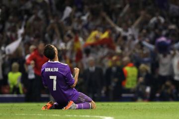 Cristiano Ronaldo of Real Madrid celebrates as the final whistle is blown.