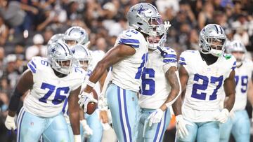 LAS VEGAS, NEVADA - AUGUST 17: Ryan Flournoy #18 of the Dallas Cowboys celebrates after a receiving touchdown during the second quarter against the Las Vegas Raiders during a preseason game at Allegiant Stadium on August 17, 2024 in Las Vegas, Nevada. Ian Maule/Getty Images/AFP (Photo by Ian Maule / GETTY IMAGES NORTH AMERICA / Getty Images via AFP)