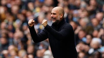 Soccer Football - Premier League - Manchester City v Liverpool - Etihad Stadium, Manchester, Britain - April 1, 2023 Manchester City manager Pep Guardiola celebrates their third goal scored by Ilkay Gundogan Action Images via Reuters/Jason Cairnduff EDITORIAL USE ONLY. No use with unauthorized audio, video, data, fixture lists, club/league logos or 'live' services. Online in-match use limited to 75 images, no video emulation. No use in betting, games or single club /league/player publications. Please contact your account representative for further details.
