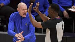Dallas Mavericks head coach Rick Carlisle, left, reacts toward referee Sean Wright(4) after a foul call in the first half of Game 7 of an NBA basketball first-round playoff series against the Los Angeles Clippers, Sunday, June 6, 2021, in Los Angeles, Calif. (Keith Birmingham/The Orange County Register via AP)