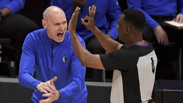 Dallas Mavericks head coach Rick Carlisle, left, reacts toward referee Sean Wright(4) after a foul call in the first half of Game 7 of an NBA basketball first-round playoff series against the Los Angeles Clippers, Sunday, June 6, 2021, in Los Angeles, Calif. (Keith Birmingham/The Orange County Register via AP)