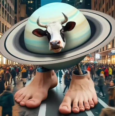 Una vaca con cuerpo de Saturno y poderes interplanetarios.