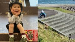rita ishizuka, skater japon&eacute;s de 3 a&ntilde;os sonriendo y bajando unas escaleras cone l skate.