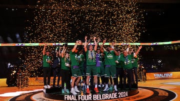 Players of Unicaja celebrate with the trophy after winning the FIBA Champions League Final Four final basketball match between CB 1939 Canarias and Baloncesto Malaga in Belgrade, Serbia, 28 April 2024.