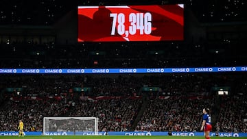 Soccer Football - International Friendly - Women - England v United States - Wembley Stadium, London, Britain - November 30, 2024 The big screen displays today's match attendance REUTERS/Dylan Martinez