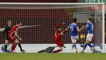LIVERPOOL, ENGLAND - FEBRUARY 03: Steven Alzate of Brighton and Hove Albion scores their side&#039;s first goal during the Premier League match between Liverpool and Brighton &amp; Hove Albion at Anfield on February 03, 2021 in Liverpool, England. Sportin