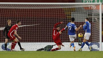 LIVERPOOL, ENGLAND - FEBRUARY 03: Steven Alzate of Brighton and Hove Albion scores their side's first goal during the Premier League match between Liverpool and Brighton & Hove Albion at Anfield on February 03, 2021 in Liverpool, England. Sportin
