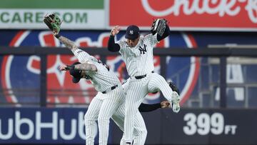 NEW YORK, NEW YORK - MAY 07: Alex Verdugo #24, Trent Grisham #12 and Jahmai Jones #14 of the New York Yankees celebrate a10-2 win against the Houston Astros during their game at Yankee Stadium on May 07, 2024 in New York City.   Al Bello/Getty Images/AFP (Photo by AL BELLO / GETTY IMAGES NORTH AMERICA / Getty Images via AFP)