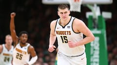 BOSTON, MASSACHUSETTS - MARCH 18: Nikola Jokic #15 of the Denver Nuggets celebrates after scoring against the Boston Celtics during the second half at TD Garden on March 18, 2019 in Boston, Massachusetts. The Nuggets defeat the Celtics 114-105. NOTE TO US