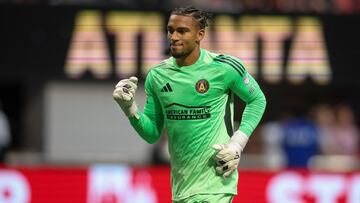 Aug 6, 2025; Atlanta, GA, USA; Atlanta United goalkeeper Jayden Hibbert (42) reacts after a play against Atlas in the first half at Mercedes-Benz Stadium. Mandatory Credit: Brett Davis-Imagn Images