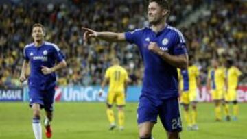 Cahill celebra un tanto en Champions League contra el Maccabi Tel Aviv.