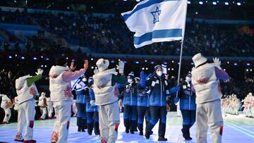 The delegation from Israel takes part in the parade of athletes during the opening ceremony of the Beijing 2022 Winter Olympic Games, at the National Stadium, known as the Bird's Nest, in Beijing, on February 4, 2022. (Photo by Lillian SUWANRUMPHA / AFP)