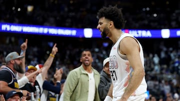 DENVER, COLORADO - MAY 15: Jamal Murray #27 of the Denver Nuggets reacts against the Oklahoma City Thunder during the third quarter in Game Six of the Western Conference Second Round NBA Playoffs at Ball Arena on May 15, 2025 in Denver, Colorado. NOTE TO USER: User expressly acknowledges and agrees that, by downloading and or using this photograph, User is consenting to the terms and conditions of the Getty Images License Agreement. Matthew Stockman/Getty Images/AFP (Photo by MATTHEW STOCKMAN / GETTY IMAGES NORTH AMERICA / Getty Images via AFP)