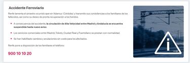 Teléfonos de emergencia por el accidente de tren en Adamuz y cómo reclamar los billetes a Renfe