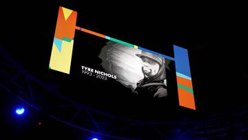 MINNEAPOLIS, MN - JANUARY 27: A view of a tribute to Tyre Nichols prior to the start of the game between the Memphis Grizzlies and Minnesota Timberwolves at Target Center on January 27, 2023 in Minneapolis, Minnesota. Tyre Nichols, a 29-year-old Black man, died three days after being severely beaten by five Memphis Police Department officers during a traffic stop on January 7, 2023. NOTE TO USER: User expressly acknowledges and agrees that, by downloading and or using this Photograph, user is consenting to the terms and conditions of the Getty Images License Agreement.   David Berding/Getty Images/AFP (Photo by David Berding / GETTY IMAGES NORTH AMERICA / Getty Images via AFP)