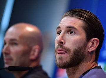 Ramos speaks to the media alongside Real Madrid boss Zinedine Zidane.