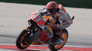 MISANO ADRIATICO, ITALY - SEPTEMBER 09:  Marc Marquez of Spain and Repsol Honda Team heads down a straight during the MotoGP qualifying during the MotoGP of San Marino - Qualifying at Misano World Circuit on September 9, 2017 in Misano Adriatico, Italy.  (Photo by Mirco Lazzari gp/Getty Images)