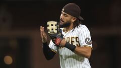 SAN DIEGO, CALIFORNIA - AUGUST 21: Fernando Tatis Jr. #23 of the San Diego Padres reacts afterdefeating the Miami Marlins 6-2 in a game at PETCO Park on August 21, 2023 in San Diego, California.   Sean M. Haffey/Getty Images/AFP (Photo by Sean M. Haffey / GETTY IMAGES NORTH AMERICA / Getty Images via AFP)