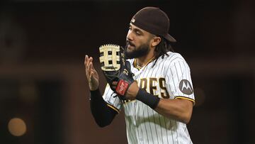 SAN DIEGO, CALIFORNIA - AUGUST 21: Fernando Tatis Jr. #23 of the San Diego Padres reacts afterdefeating the Miami Marlins 6-2 in a game at PETCO Park on August 21, 2023 in San Diego, California. Sean M. Haffey/Getty Images/AFP (Photo by Sean M. Haffey / GETTY IMAGES NORTH AMERICA / Getty Images via AFP)