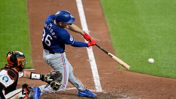 BALTIMORE, MARYLAND - JUNE 30: Wyatt Langford #36 of the Texas Rangers drives in a run with a double in the fifth inning against the Baltimore Orioles at Oriole Park at Camden Yards on June 30, 2024 in Baltimore, Maryland. Langford hit for the cycle in the game.   Greg Fiume/Getty Images/AFP (Photo by Greg Fiume / GETTY IMAGES NORTH AMERICA / Getty Images via AFP)