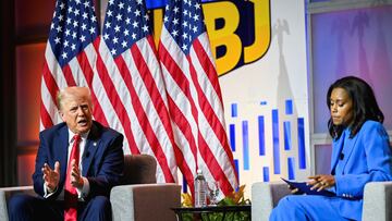 Republican presidential nominee and former U.S. President Donald Trump speaks on a panel of the National Association of Black Journalists (NABJ) convention in Chicago, Illinois, U.S. July 31, 2024. REUTERS/Vincent Alban