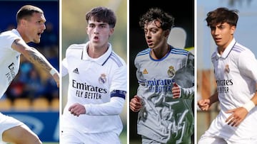 Los canteranos madridistas Rafa Marín (Castilla), Manuel Ángel (Juvenil A), Paulo Iago (Cadete A) y Álex Mora (Cadete B).