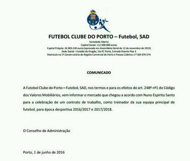 El Oporto anuncia a Nuno como su entrenador hasta 2018