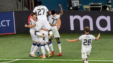Club Brugge's players celebrate after scoring a goal during the UEFA Champions League Group F football match between Zenit St. Petersburg and Club Brugge at the Saint Petersburg Stadium (Gazprom Arena) in Saint Petersburg on October 20, 2020. (Photo