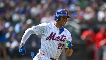 Sep 21, 2025; New York City, New York, USA; New York Mets outfielder Juan Soto (22) rounds the bases after hitting a double against the Washington Nationals during the third inning at Citi Field. Mandatory Credit: John Jones-Imagn Images