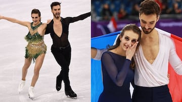 Gabriella Papadakis y Guillaume Cizeron durante su actuaci&oacute;n en el programa corto y tras lograr la plata despu&eacute;s del programa largo.