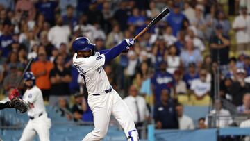 Jul 2, 2024; Los Angeles, California, USA;  Los Angeles Dodgers left fielder Teoscar Hernandez (37) hits a walk off hit to defeat the Arizona Diamondbacks in bottom of the ninth inning at Dodger Stadium. Mandatory Credit: Kiyoshi Mio-USA TODAY Sports