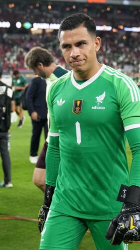 Jun 28, 2025; Glendale, Arizona, USA; Mexico goalkeeper Angel Malagon (1) reacts after a quarterfinal match of the 2025 Gold Cup against Saudi Arabia at State Farm Stadium. Mandatory Credit: Rick Scuteri-Imagn Images