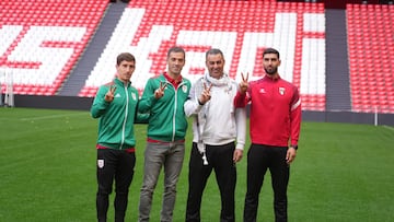 El futbolista vasco de la selección de Palestina Yaser Hamed (d), posa tras una rueda de prensa previa al partido Euskal Selekzioa - Palestina, en el Estadio de San Mamés, a 14 de noviembre de 2025, en Bilbao, Vizcaya, País Vasco (España). El partido amistoso se celebrará el sábado 15 de noviembre con el objetivo de servir como muestra de solidaridad con la causa Palestina y denunciar el genocidio al que está sometido su población por parte del estado de Israel.
14 NOVIEMBRE 2025
H.Bilbao / Europa Press
14/11/2025