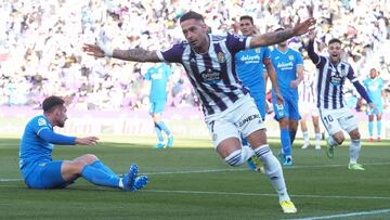 VALLADOLID, 13/11/21. PHOTOGENIC. PARTIDO DE LA LIGA SMARTBANK ENTRE EL REAL VALLADOLID Y EL FUENLABRADA. GOL DE SERGIO LEON