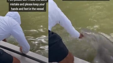 Watch as the man leans over the boat too enticingly as he attempts to wash his hands, and is pulled into the water by something waiting beneath the surface.