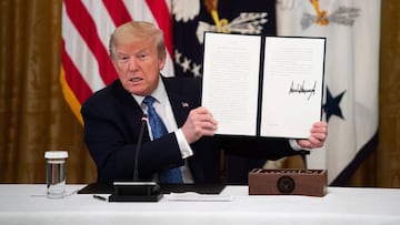 Washington (Untied States), 19/05/2020.- US President Donald J. Trump signs an executive order making hundreds of deregulations made in the age of coronavirus permanent, during a Cabinet meeting in the East Room at the White House in Washington, DC, USA, 