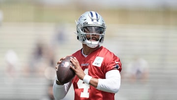 Jul 27, 2022; Oxnard, CA, USA; Dallas Cowboys quarterback Dak Prescott (4) during training camp at the River Ridge Fields. Mandatory Credit: Kirby Lee-USA TODAY Sports