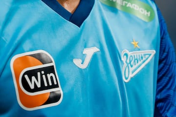 Logos of Spanish manufacturer Joma (C) and FC Zenit (R) are seen on a player's shirt during the Russian Premier League match between FC Zenit Saint Petersburg and FC Pari Nizhny Novgorod on March 4, 2023 at Gazprom Arena in Saint Petersburg, Russia. (Photo by Mike Kireev/NurPhoto via Getty Images)